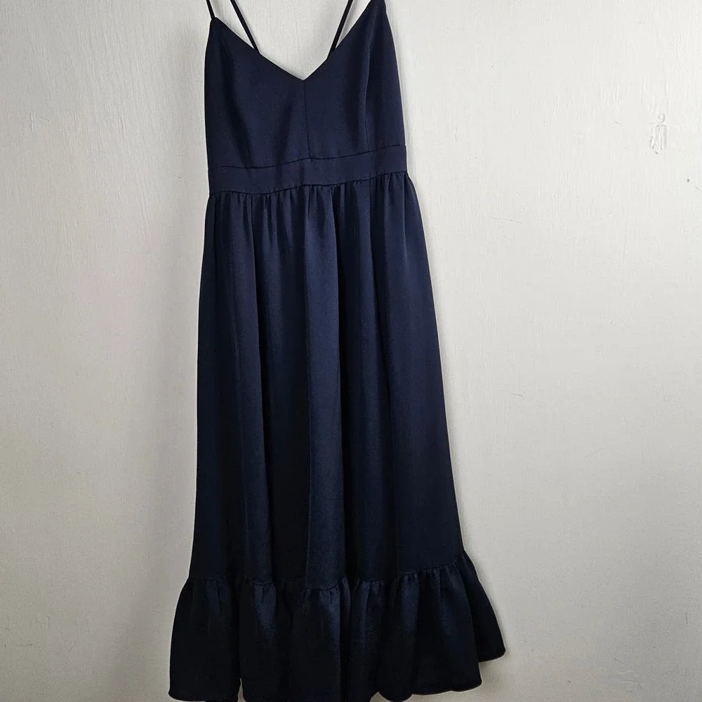 J.Crew Criss Cross Tie‎ Back Midi Dress 6 Navy Blue Ruffle Spaghetti Strap